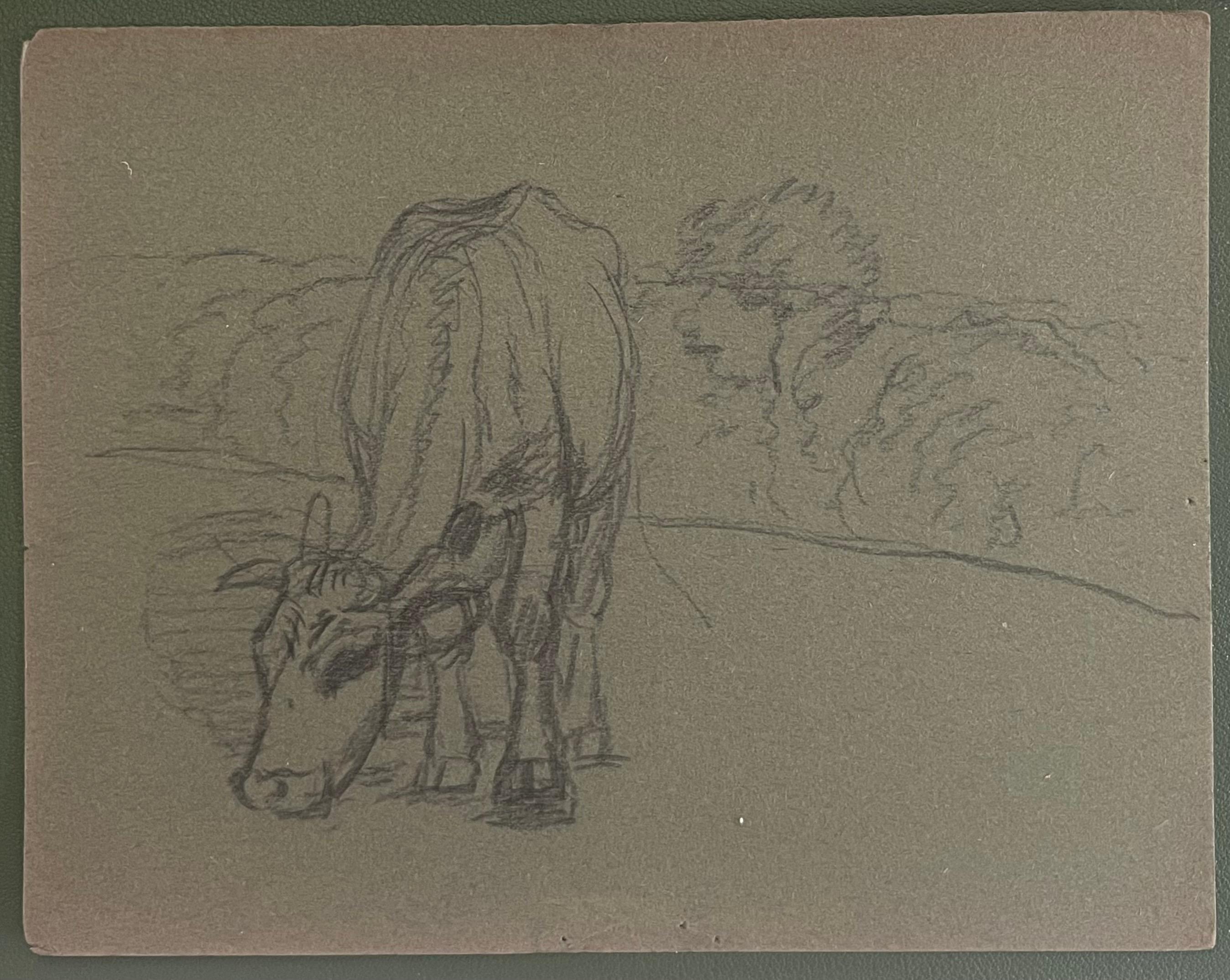 Britische Kreide Bleistift Skizze einer Kuh Munching Gras auf der Wiese – Art von John Rabone Harvey