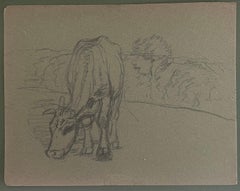 Britische Kreide Bleistift Skizze einer Kuh Munching Gras auf der Wiese