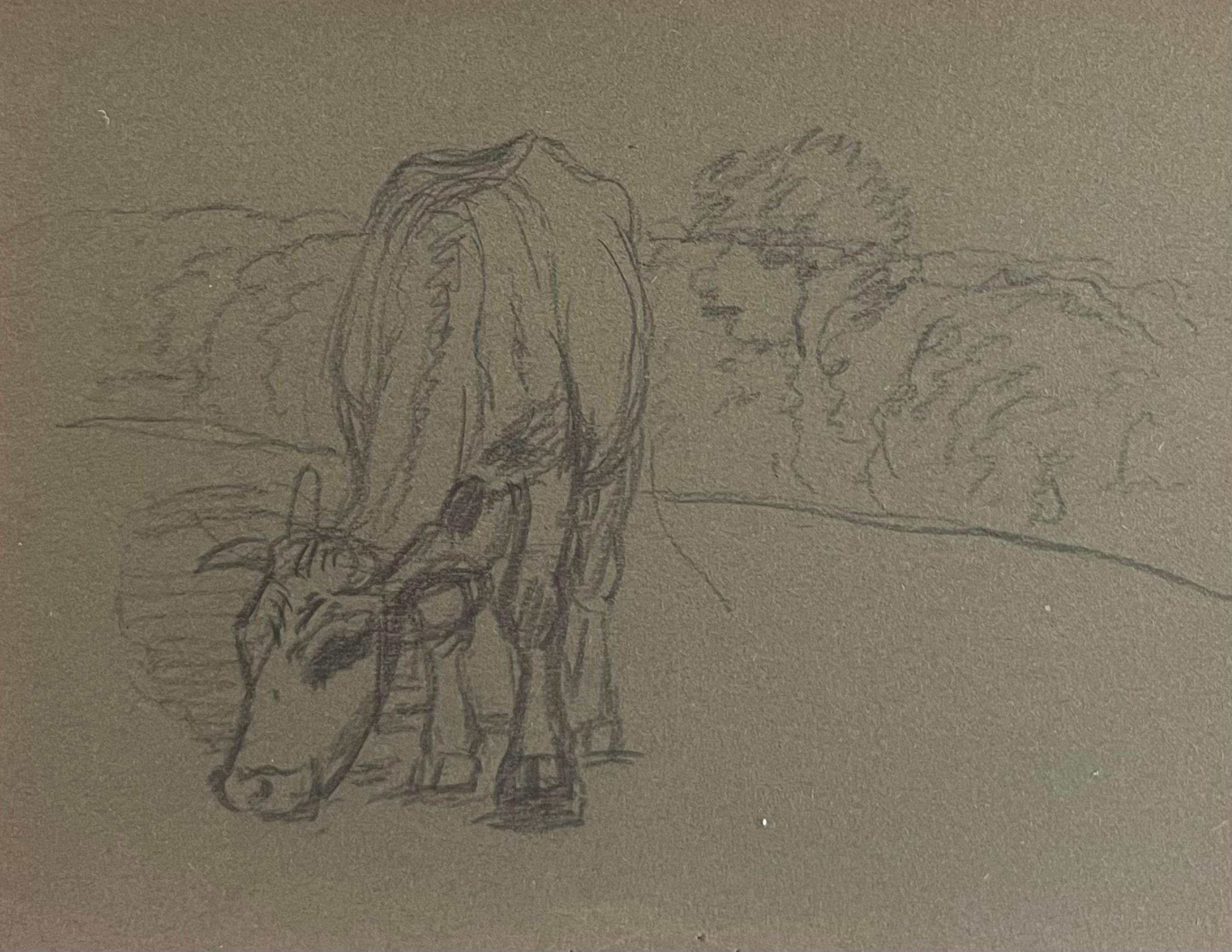 John Rabone Harvey Animal Art – Britische Kreide Bleistift Skizze einer Kuh Munching Gras auf der Wiese