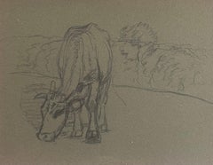 Esbozo a lápiz de tiza británico de una vaca masticando hierba en el prado