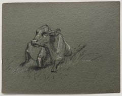 British Chalk Pencil Sketch of a Cow Posed Lying On The Grass