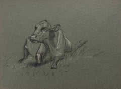British Chalk Pencil Sketch of a Cow Posed Lying On The Grass