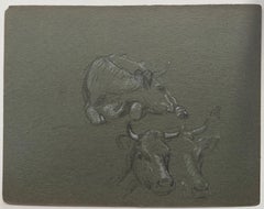 British Chalk Pencil Sketch of a Cow Resting and a Bulls Face
