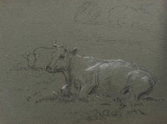 British Chalk Pencil Sketch of a Cow Resting in The Grass with Cows In Distance