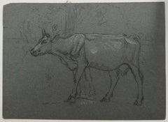 British Chalk Pencil Sketch of a Cow Striding Through Grass