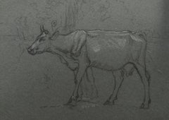 British Chalk Pencil Sketch of a Cow Striding Through Grass