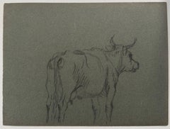 British Chalk Pencil Sketch of a Cow With Horns Facing Away