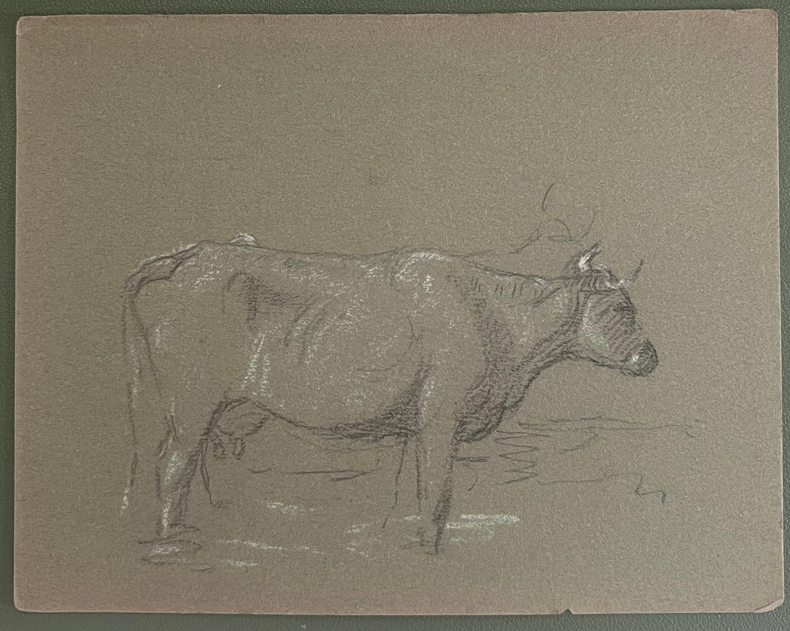 Esquisse à la craie d'une vache avec des cornes dans l'eau Loche - Painting de John Rabone Harvey