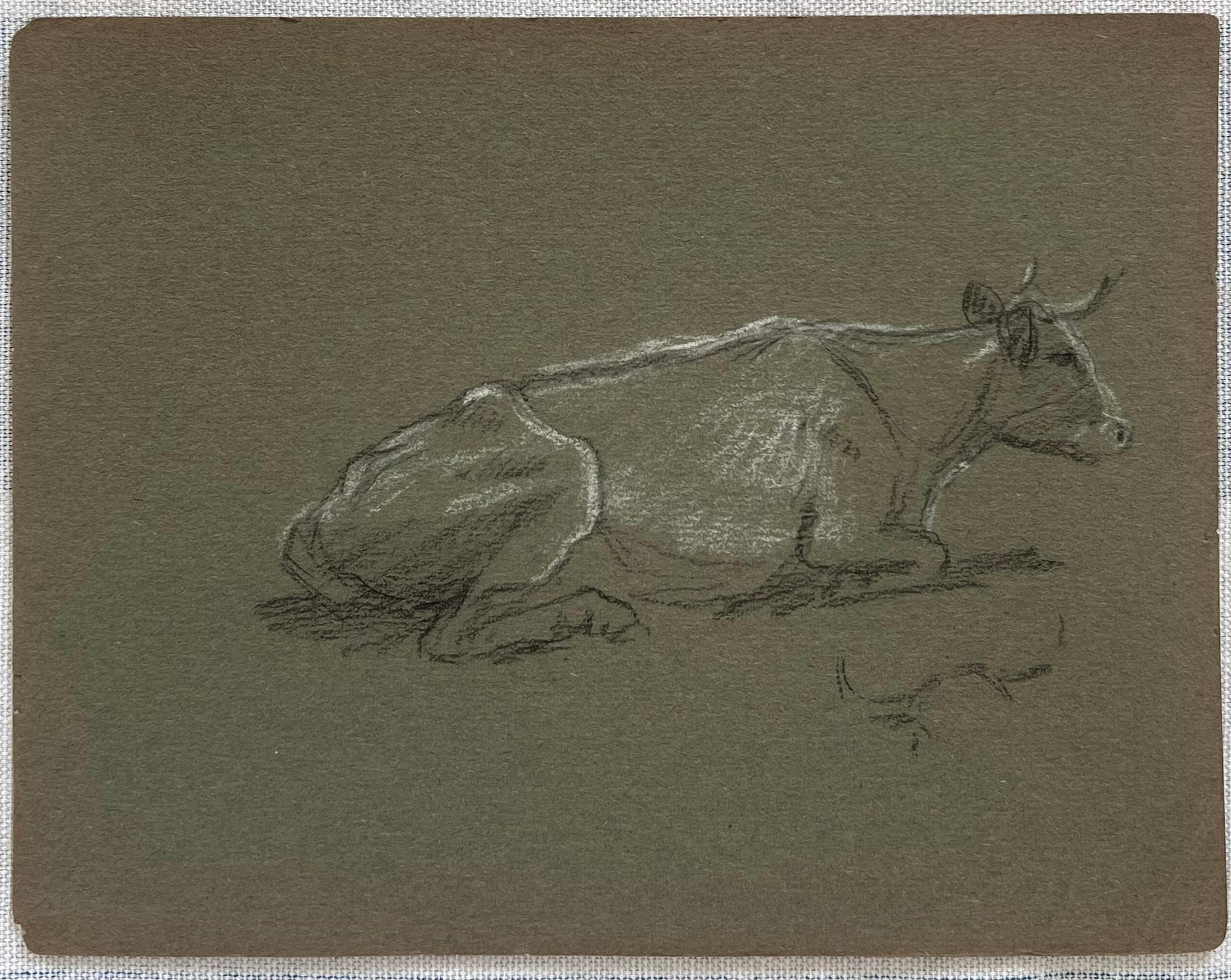 Esquisse à la craie d'une vache à cornes couchée sur l'herbe - Painting de John Rabone Harvey