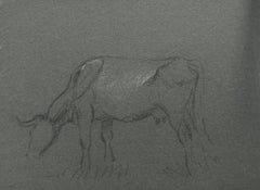 British Chalk Pencil Sketch of a Cow With Horns Munching on the Grass