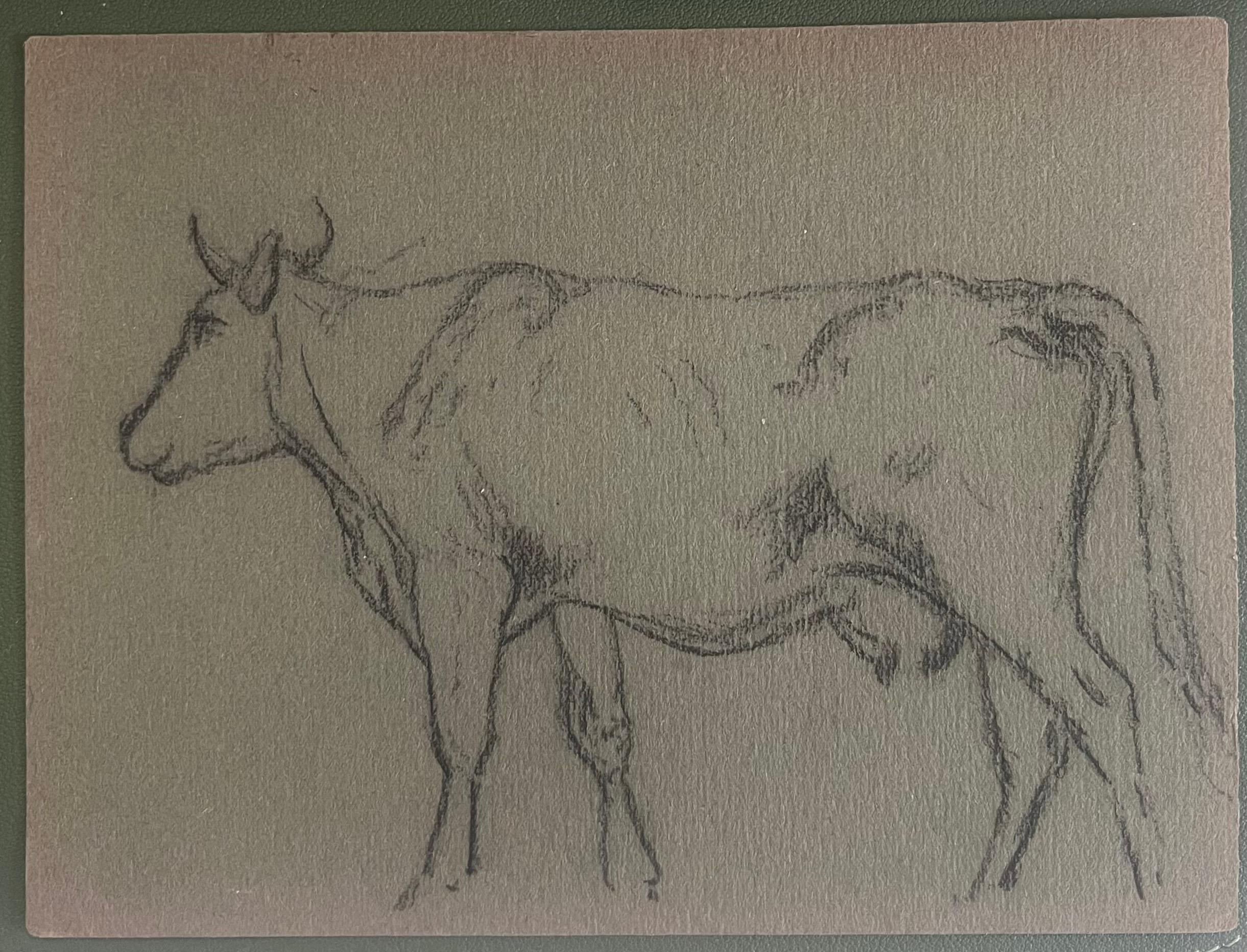 British Chalk Pencil Sketch of a Cow with Horns Side Profile - Painting by John Rabone Harvey