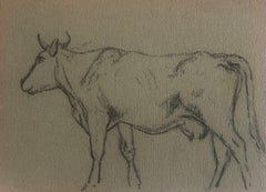 Antique British Chalk Pencil Sketch of a Cow with Horns Side Profile