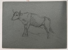British Chalk Pencil Sketch of a Cow with Horns Side Profile