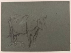 Schizzo incompiuto a matita di gesso britannico di un corpo e di un vitello di mucca