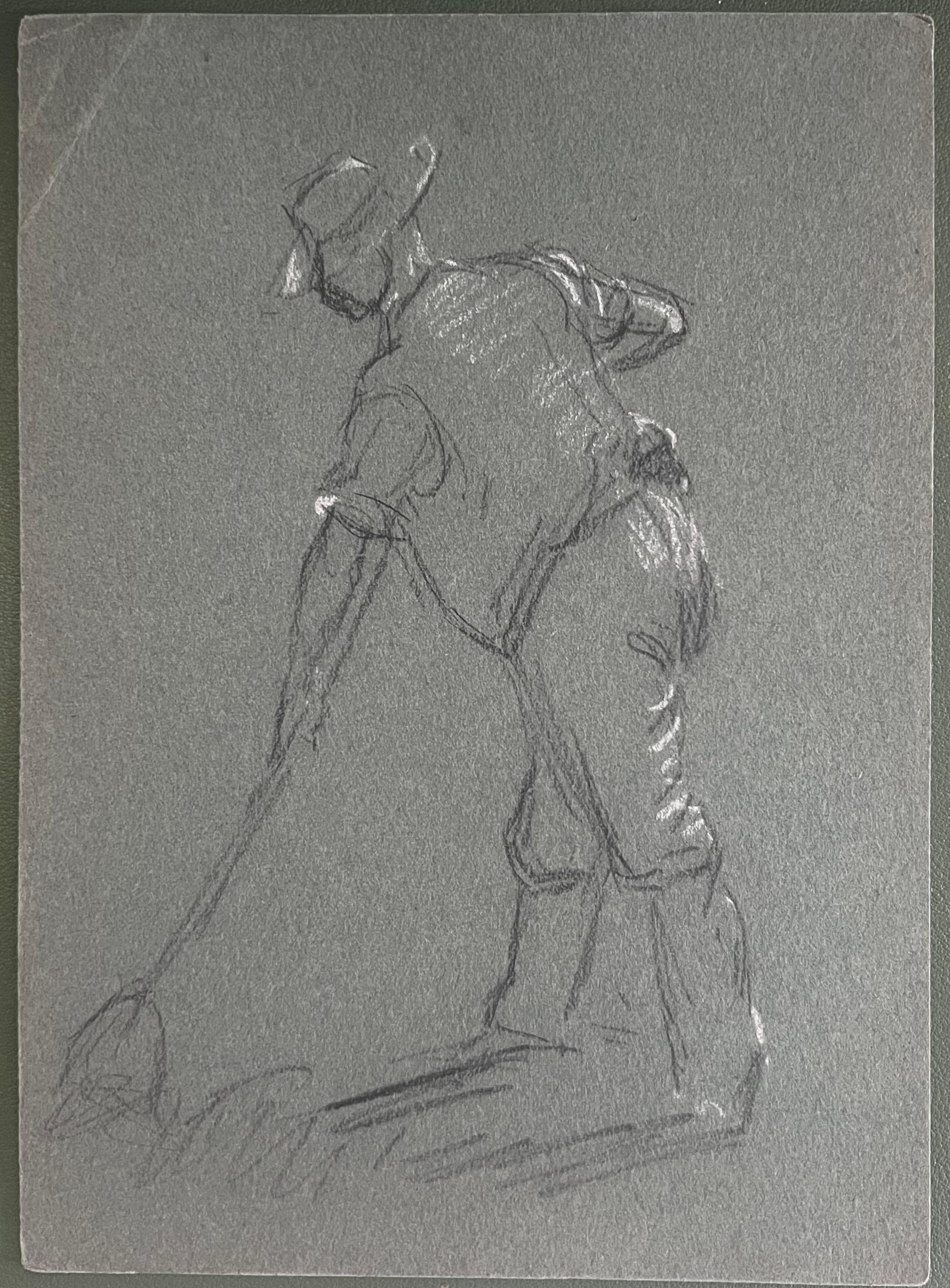 British Chalk Pencil Sketch of a Farmer Shovelling In The Fields - Painting by John Rabone Harvey