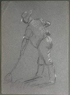 Schizzo a matita di gesso britannico di un contadino che vanga nei campi