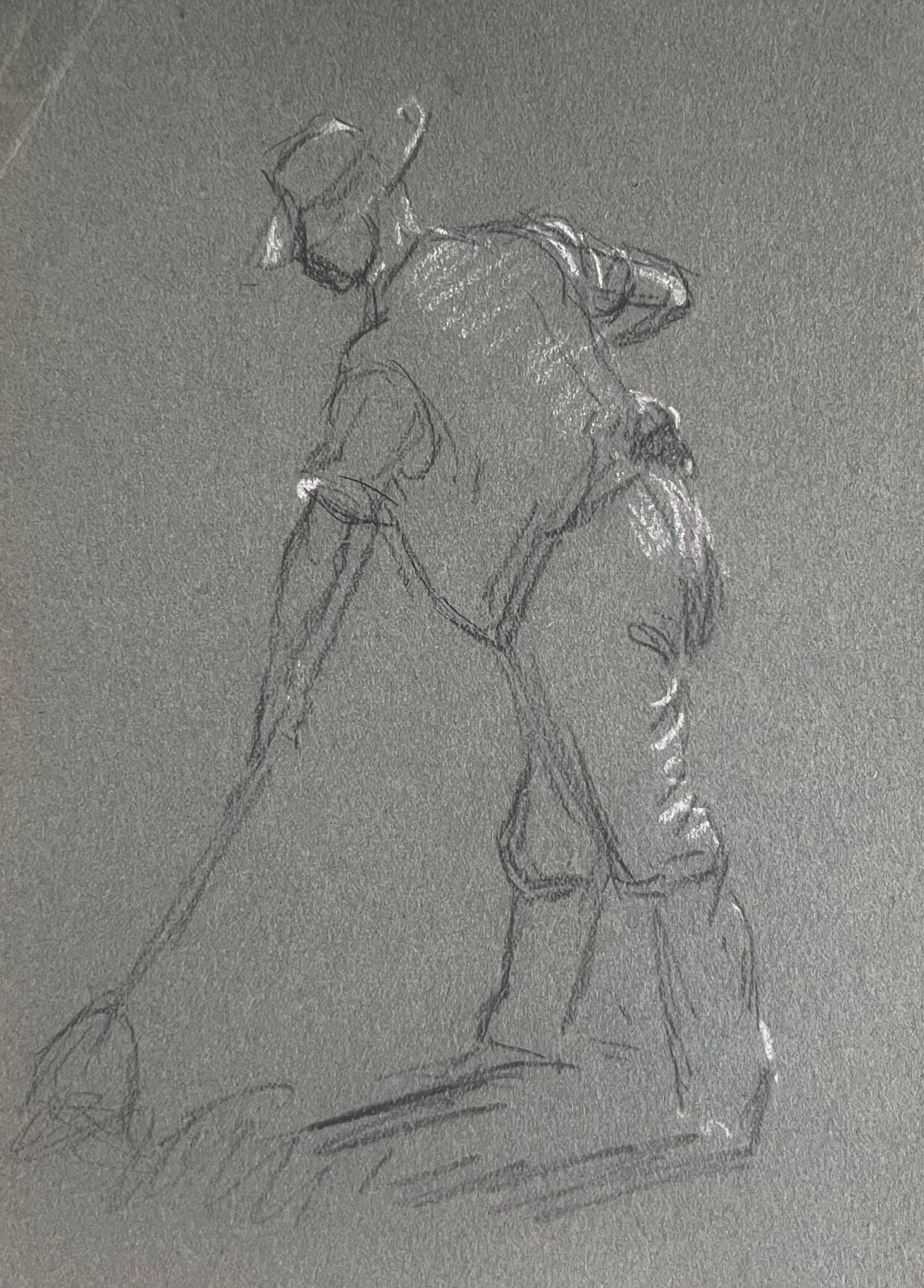 British Chalk Pencil Sketch of a Farmer Shovelling In The Fields