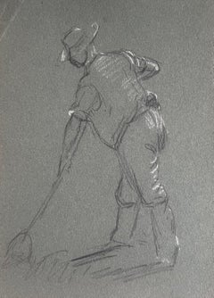 Antique British Chalk Pencil Sketch of a Farmer Shovelling In The Fields