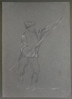 British Chalk Pencil Sketch of A Fisherman Preparing His Fly Fishing Rod