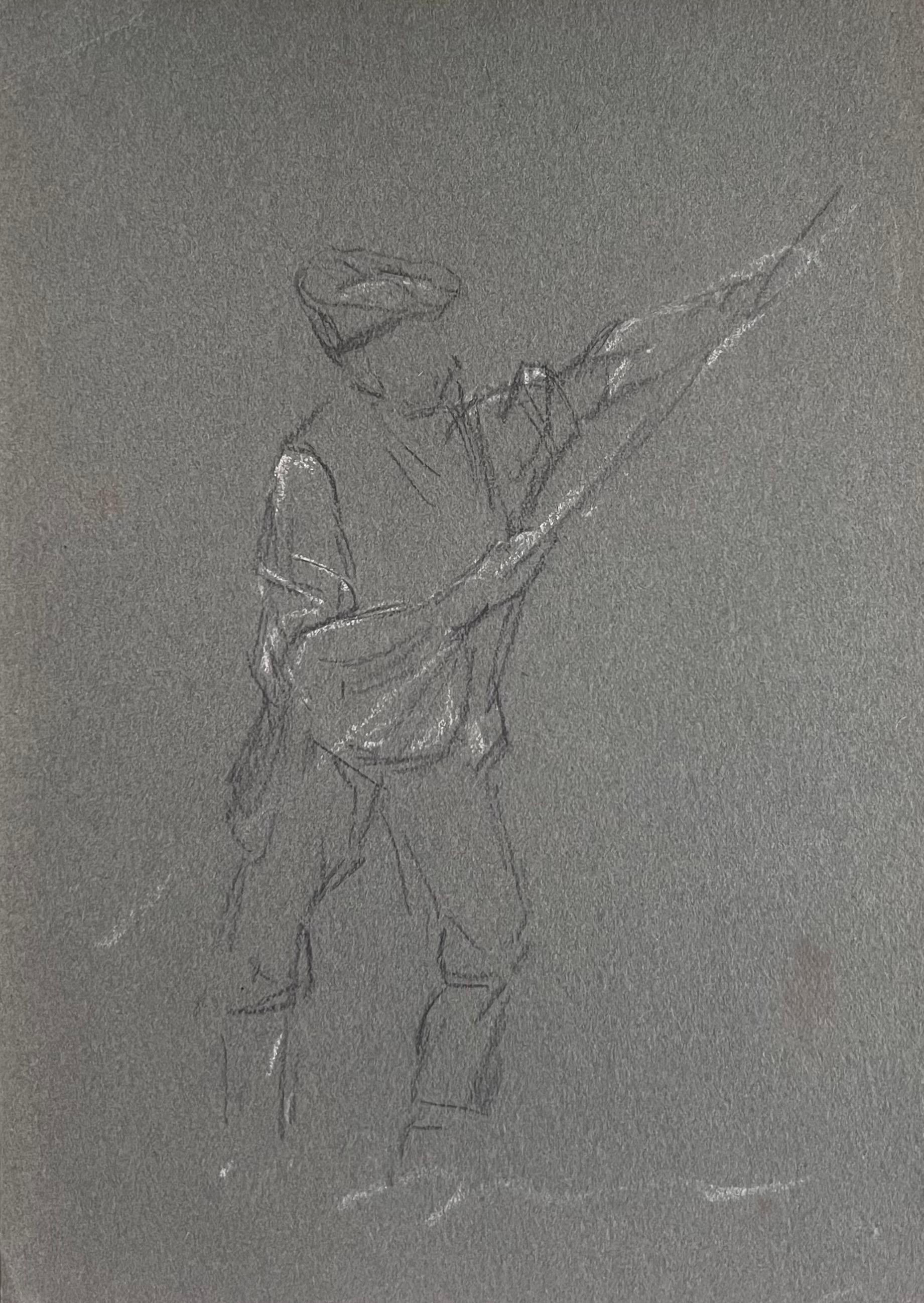 British Chalk Pencil Sketch of A Fisherman Preparing His Fly Fishing Rod
