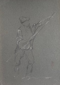 Used British Chalk Pencil Sketch of A Fisherman Preparing His Fly Fishing Rod