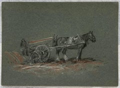 Schizzo a matita di gesso britannico di un cavallo e di contadini che preparano il carro di fieno