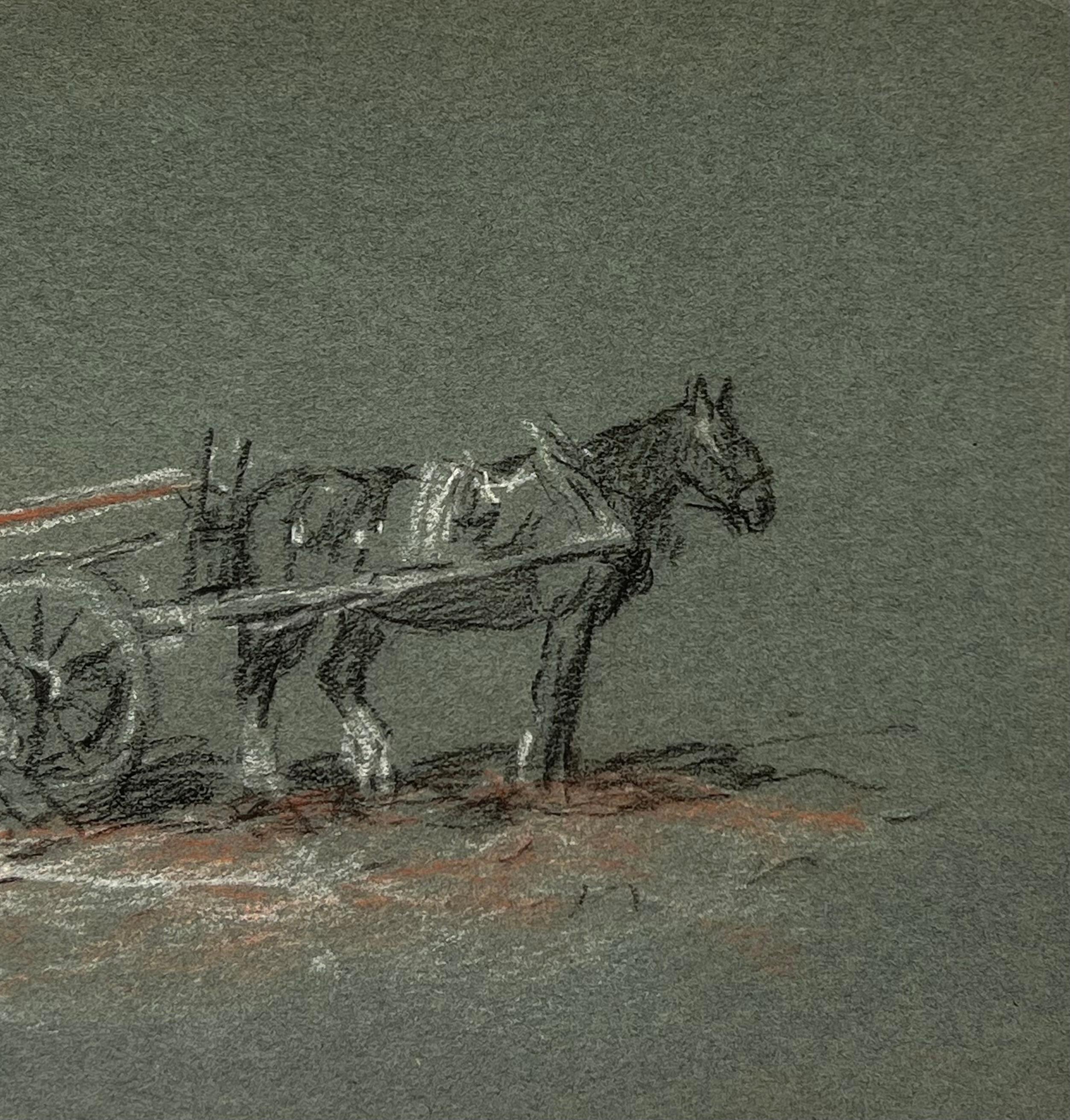 Esbozo a lápiz de tiza británico de un caballo y granjeros preparando el carro de heno - Painting Realista de John Rabone Harvey