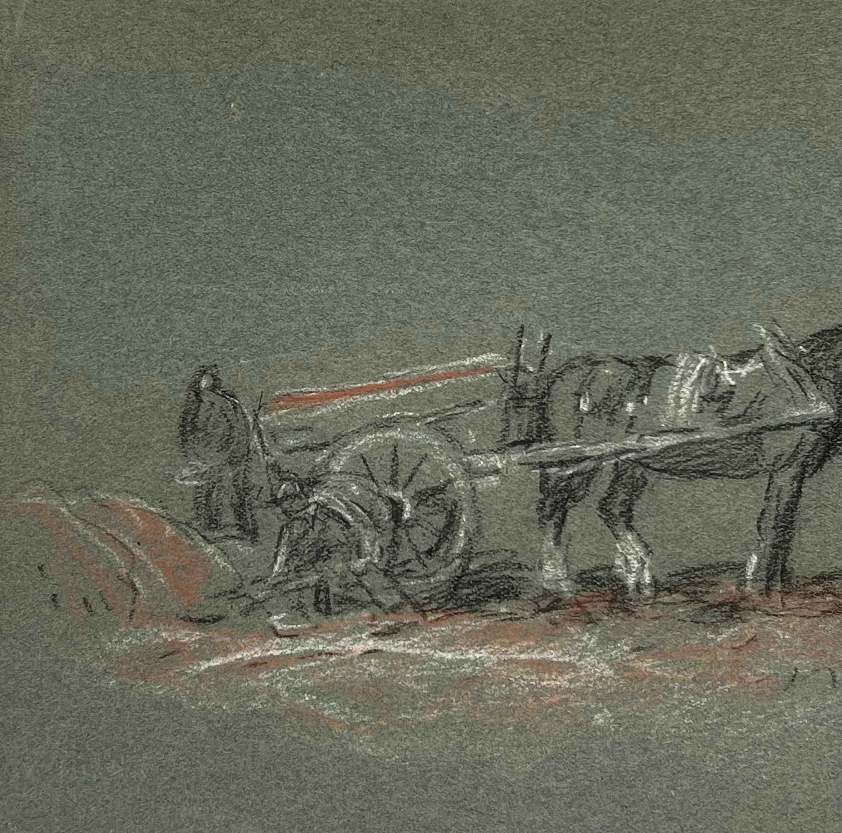 Esbozo a lápiz de tiza británico de un caballo y granjeros preparando el carro de heno - Figurative Painting Negro de John Rabone Harvey