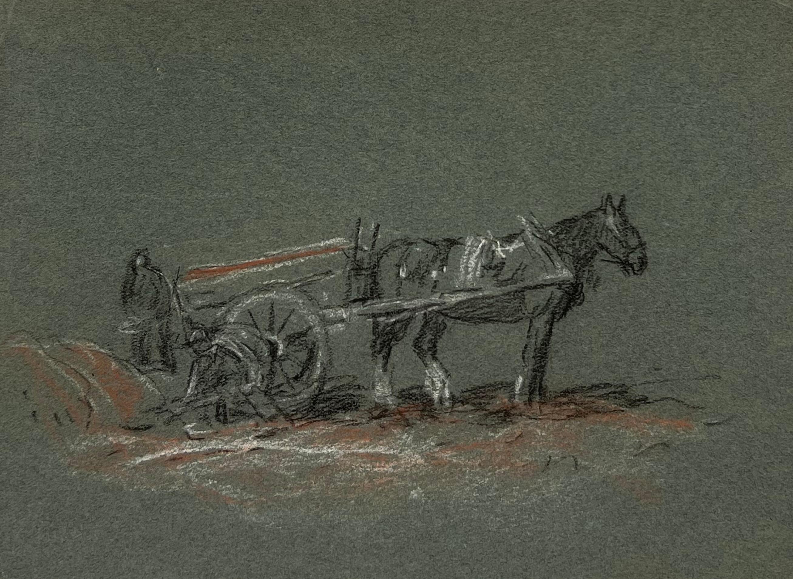 British Chalk Pencil Sketch of a Horse and Farmers Preparing The Hay Cart
