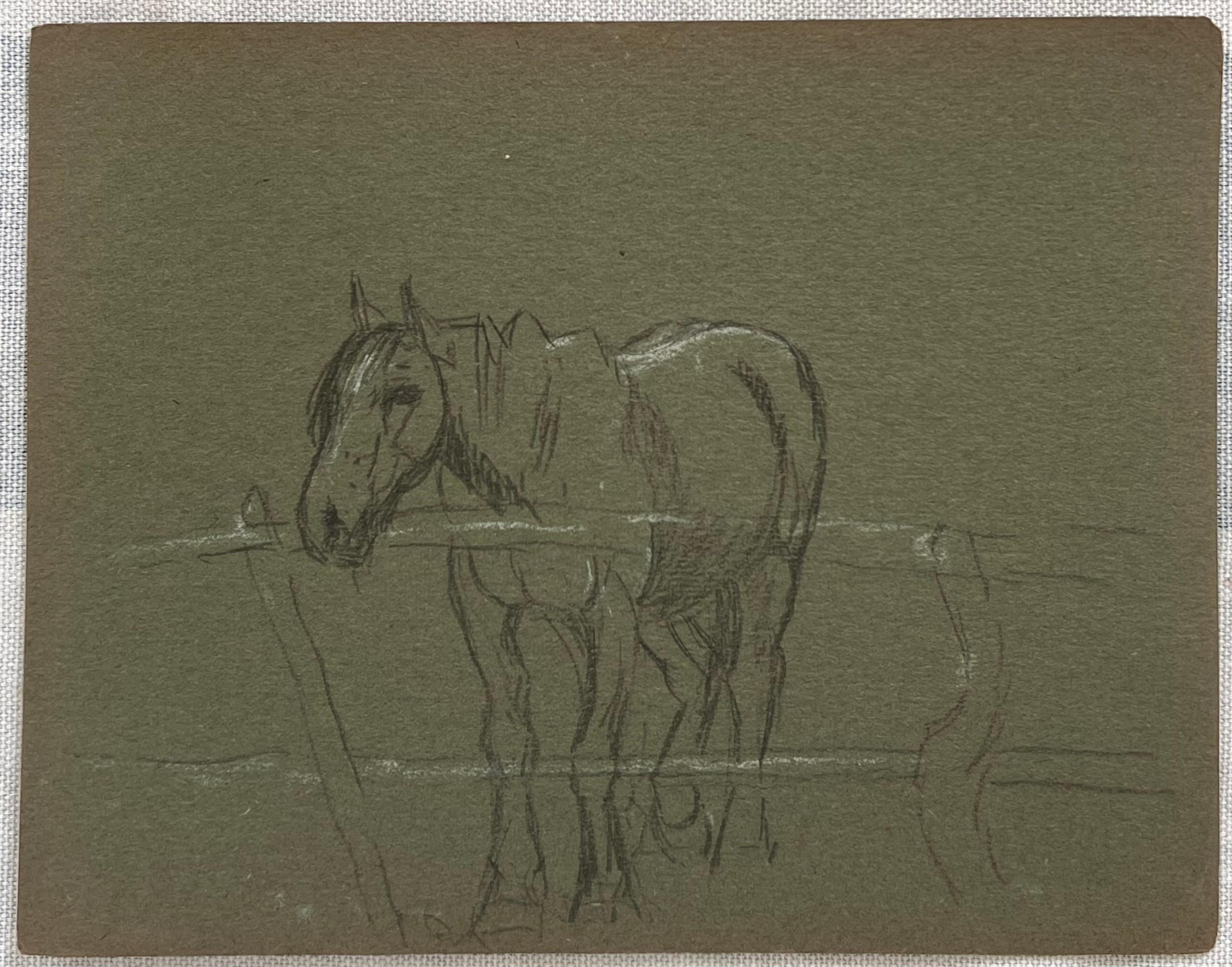 British Chalk Pencil Sketch of a Horse Patiently Waiting at The Wooden Fence - Painting by John Rabone Harvey