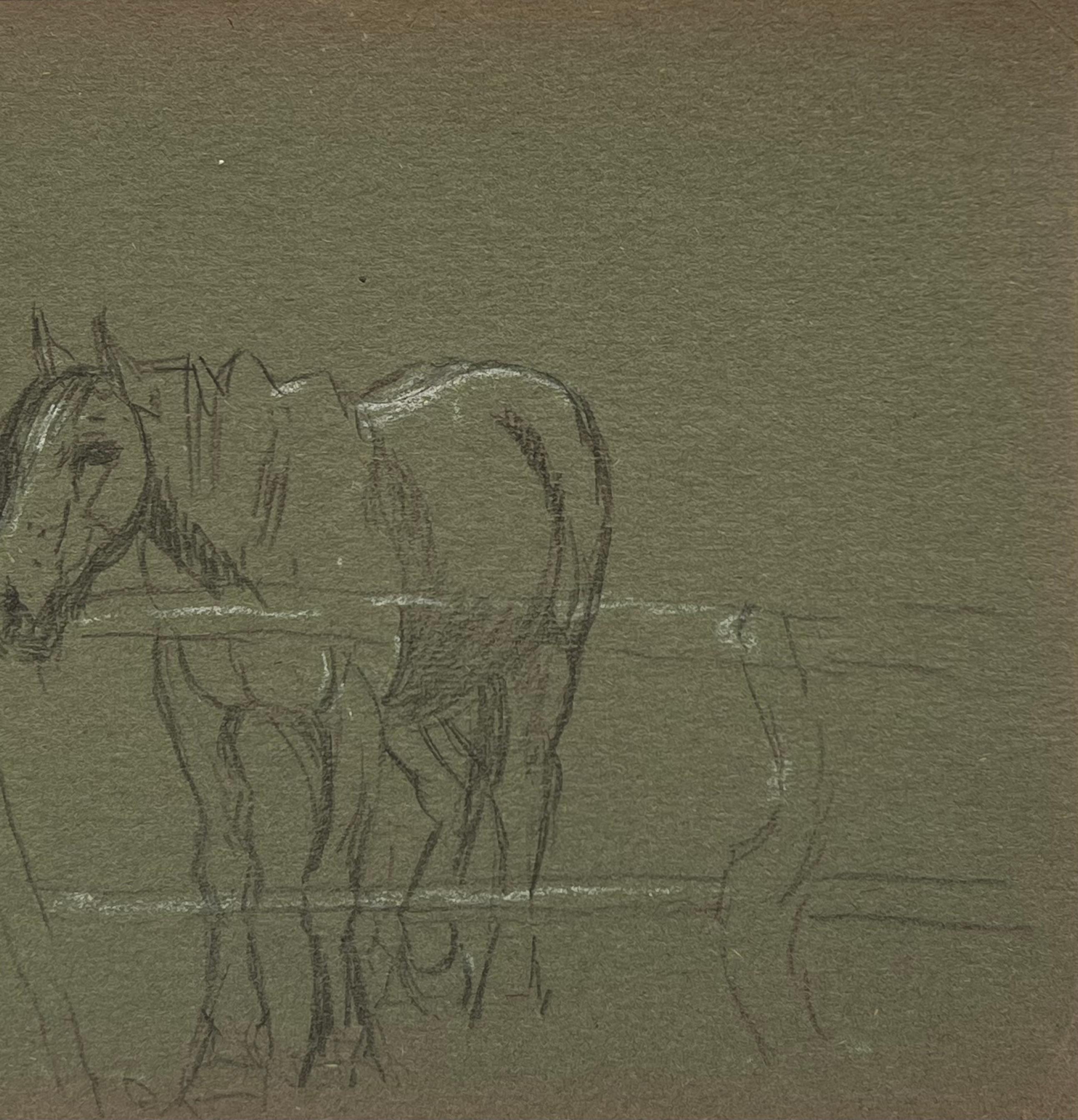 British Chalk Pencil Sketch of a Horse Patiently Waiting at The Wooden Fence - Realist Painting by John Rabone Harvey