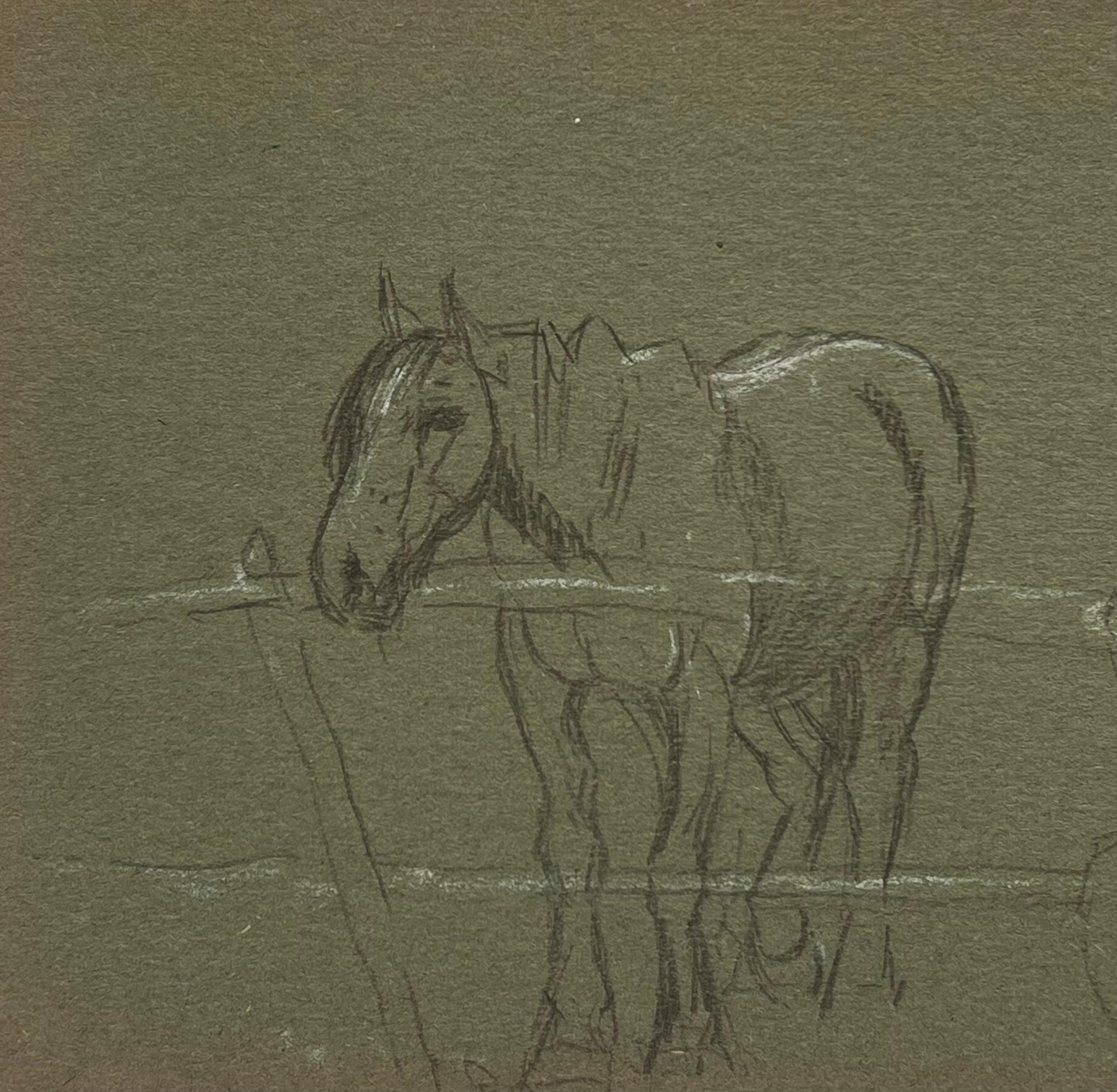 British Chalk Pencil Sketch of a Horse Patiently Waiting at The Wooden Fence - Gray Figurative Painting by John Rabone Harvey
