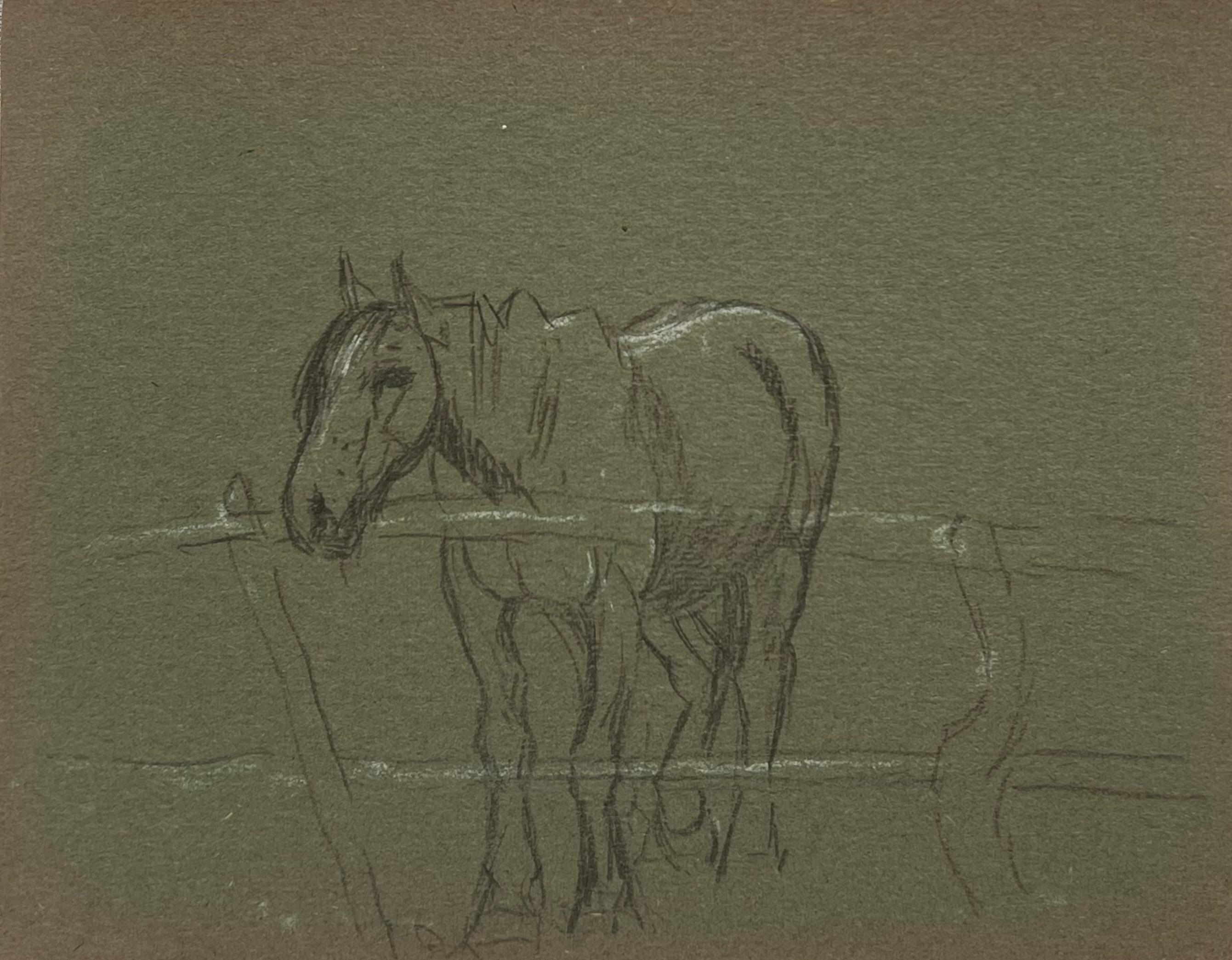 John Rabone Harvey Figurative Painting - British Chalk Pencil Sketch of a Horse Patiently Waiting at The Wooden Fence