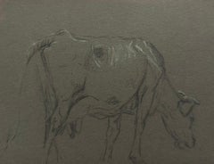 British Chalk Pencil Sketch of a Large Cow Munching on Grass