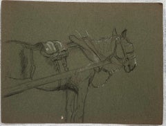 Esquisse au crayon de couleur d'un cheval sellé prêt à monter