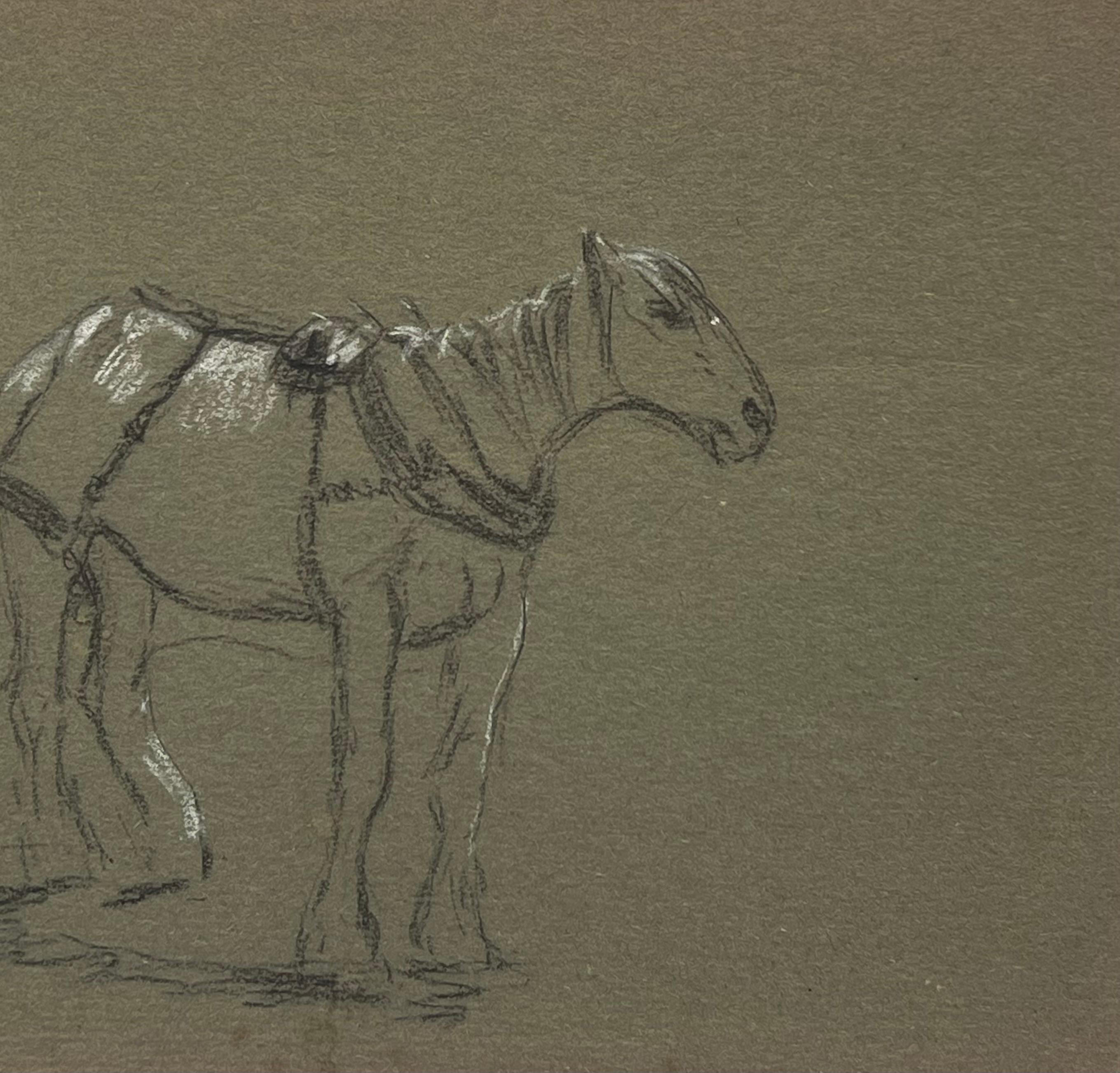 Esquisse au crayon de couleur d'un cheval sellé prêt à monter - Réalisme Painting par John Rabone Harvey