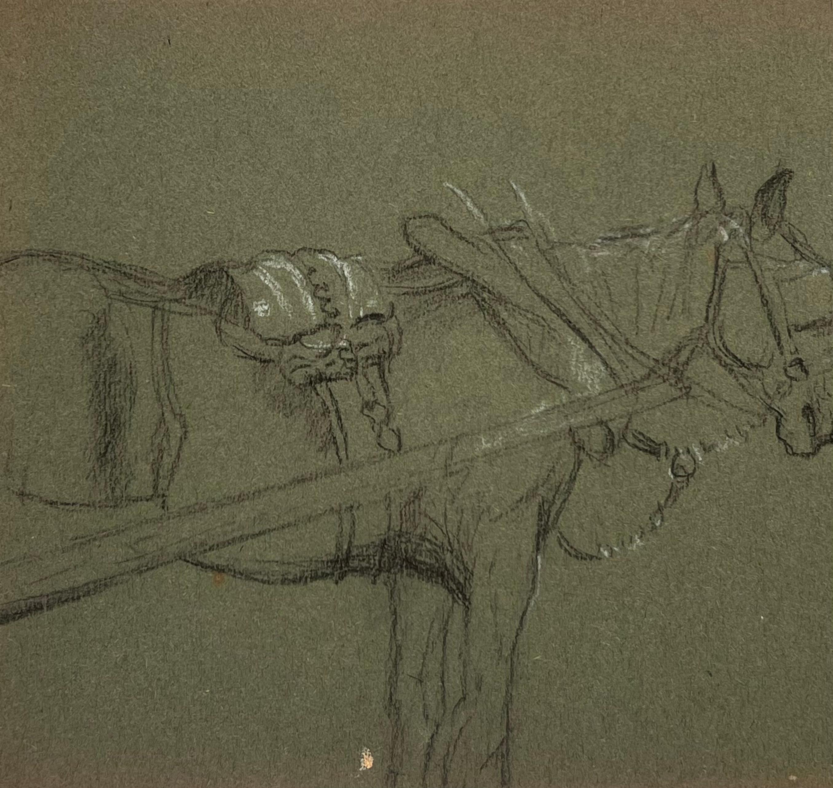 Esbozo a lápiz de tiza británico de un caballo listo para montar - Painting Realista de John Rabone Harvey