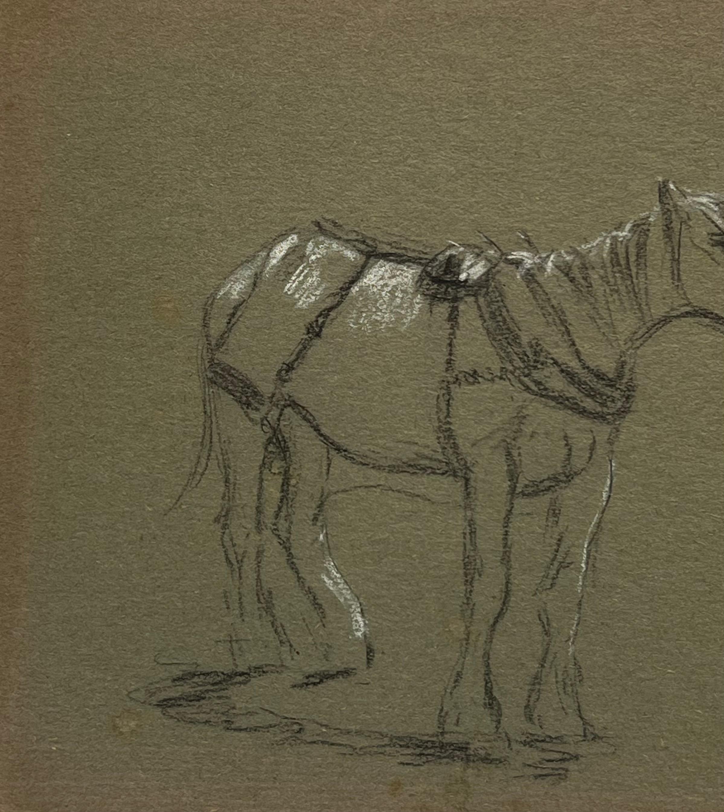 Esquisse au crayon de couleur d'un cheval sellé prêt à monter - Marron Animal Painting par John Rabone Harvey
