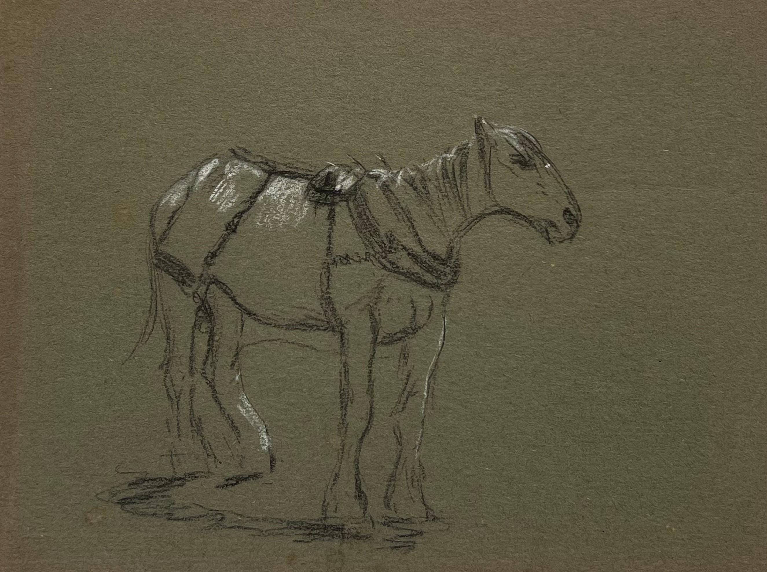 Animal Painting John Rabone Harvey - Esquisse au crayon de couleur d'un cheval sellé prêt à monter