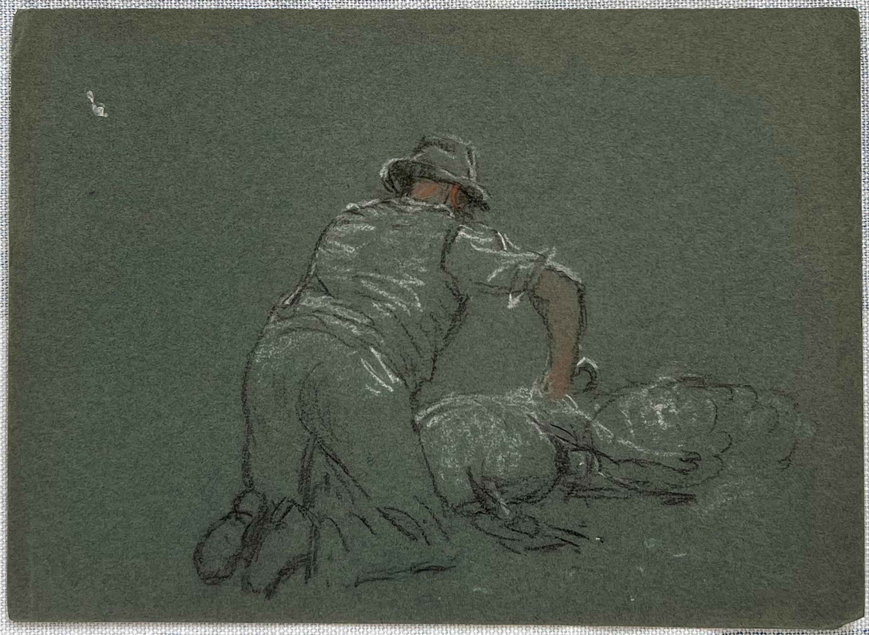 British Chalk Pencil Sketch of a Shepherd Sheering His Flock - Painting by John Rabone Harvey