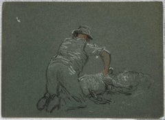 Schizzo a matita di gesso britannico di un pastore che tosa il suo gregge