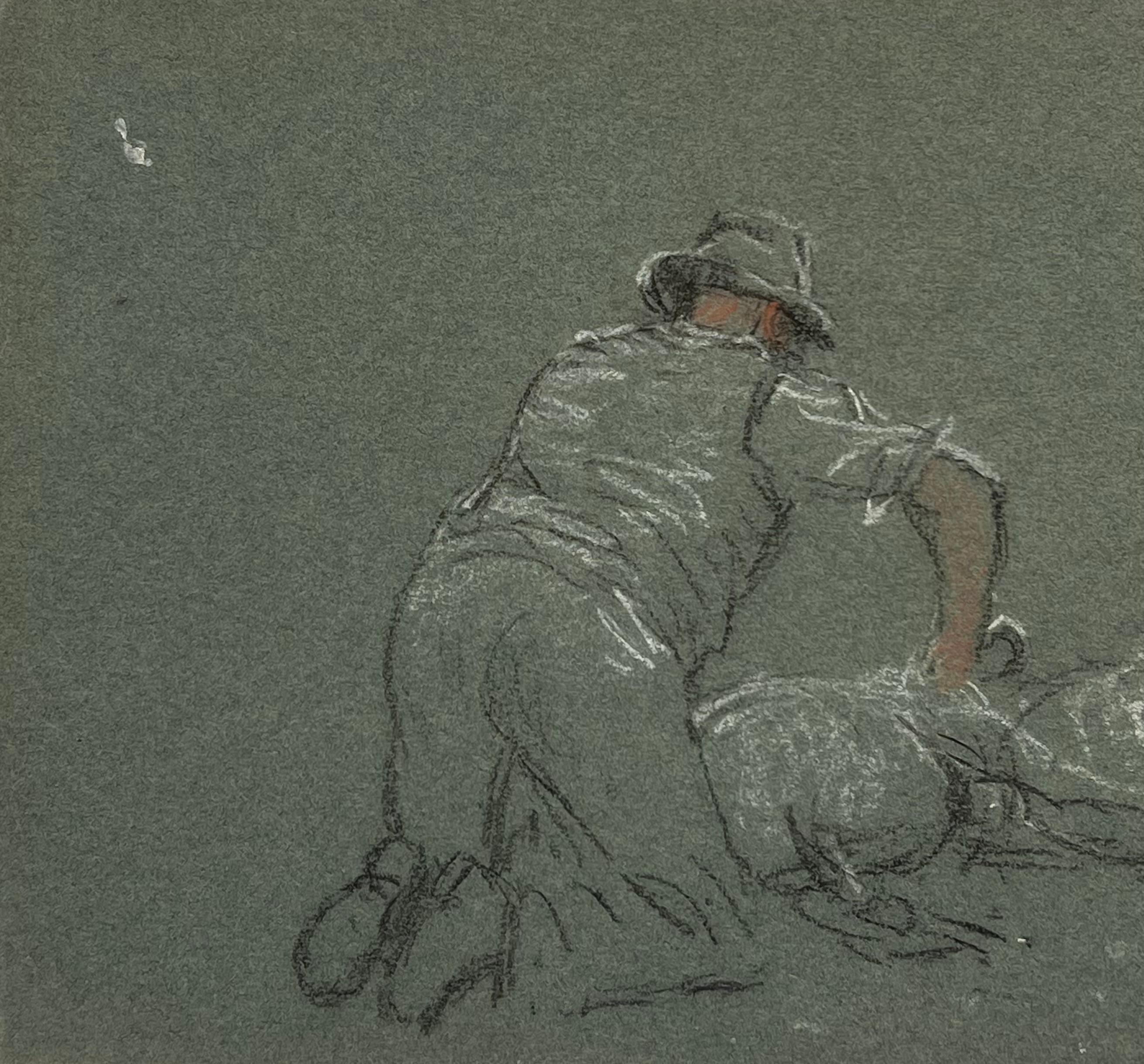 British Chalk Pencil Sketch of a Shepherd Sheering His Flock - Realist Painting by John Rabone Harvey