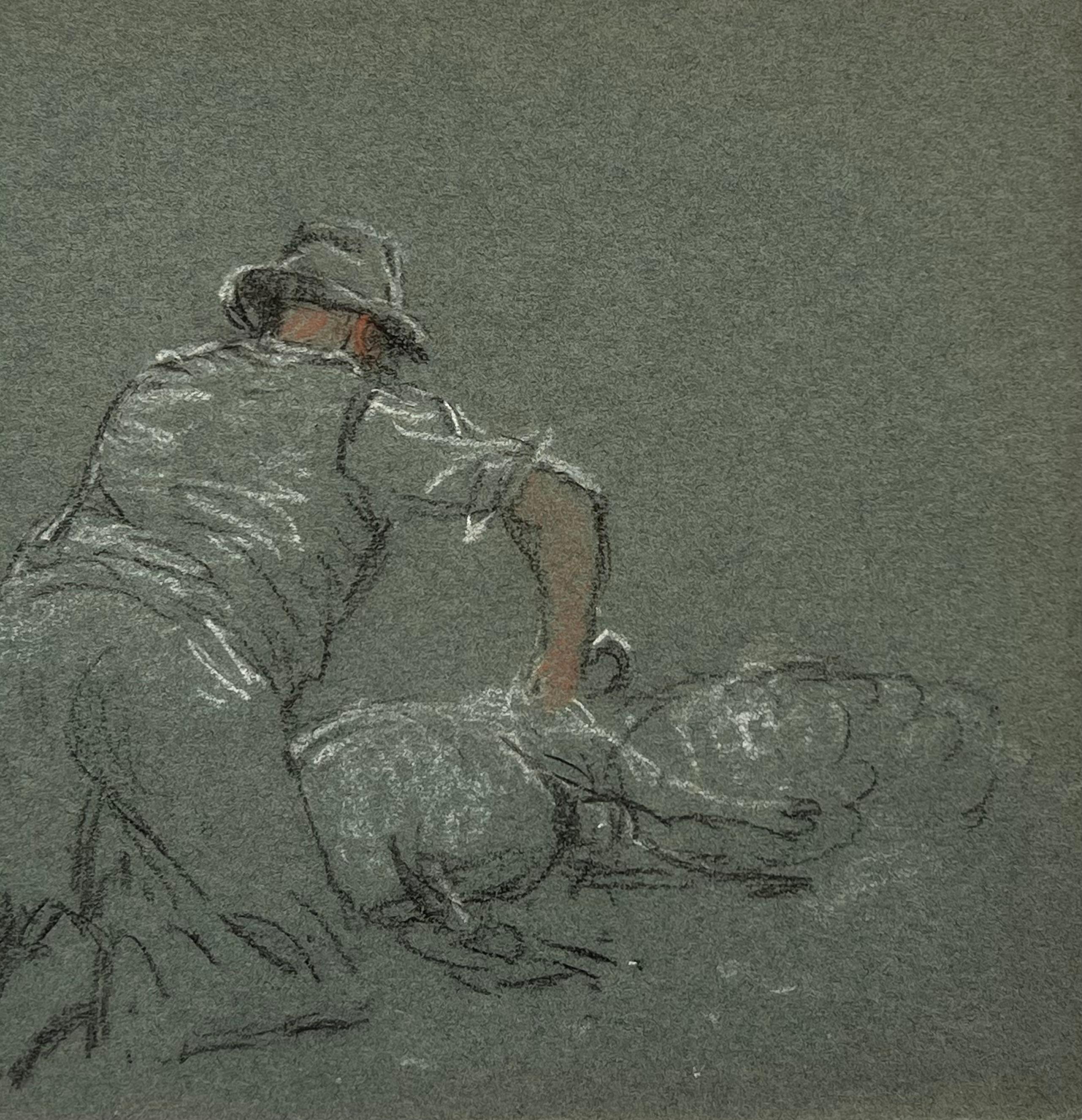 British Chalk Pencil Sketch of a Shepherd Sheering His Flock - Black Figurative Painting by John Rabone Harvey