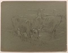 British Chalk Pencil Sketch of a Two Cow's Drinking From The Swamp