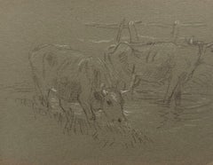 British Chalk Pencil Sketch of a Two Cow's Drinking From The Swamp