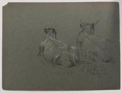 British Chalk Pencil Sketch of a Two Cow's Facing Away Lying On The Ground