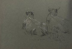 British Chalk Pencil Sketch of a Two Cow's Facing Away Lying On The Ground