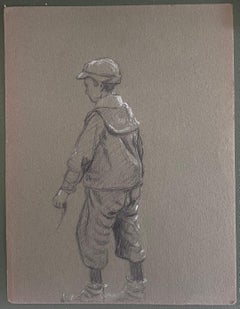 British Chalk Pencil Sketch of A Young Boy In His Fishing Gear