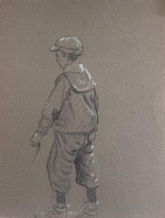 Antique British Chalk Pencil Sketch of A Young Boy In His Fishing Gear