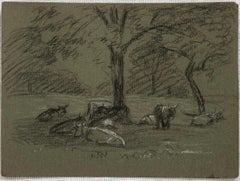 Schizzo a matita di gesso britannico di mucche che riposano in un prato